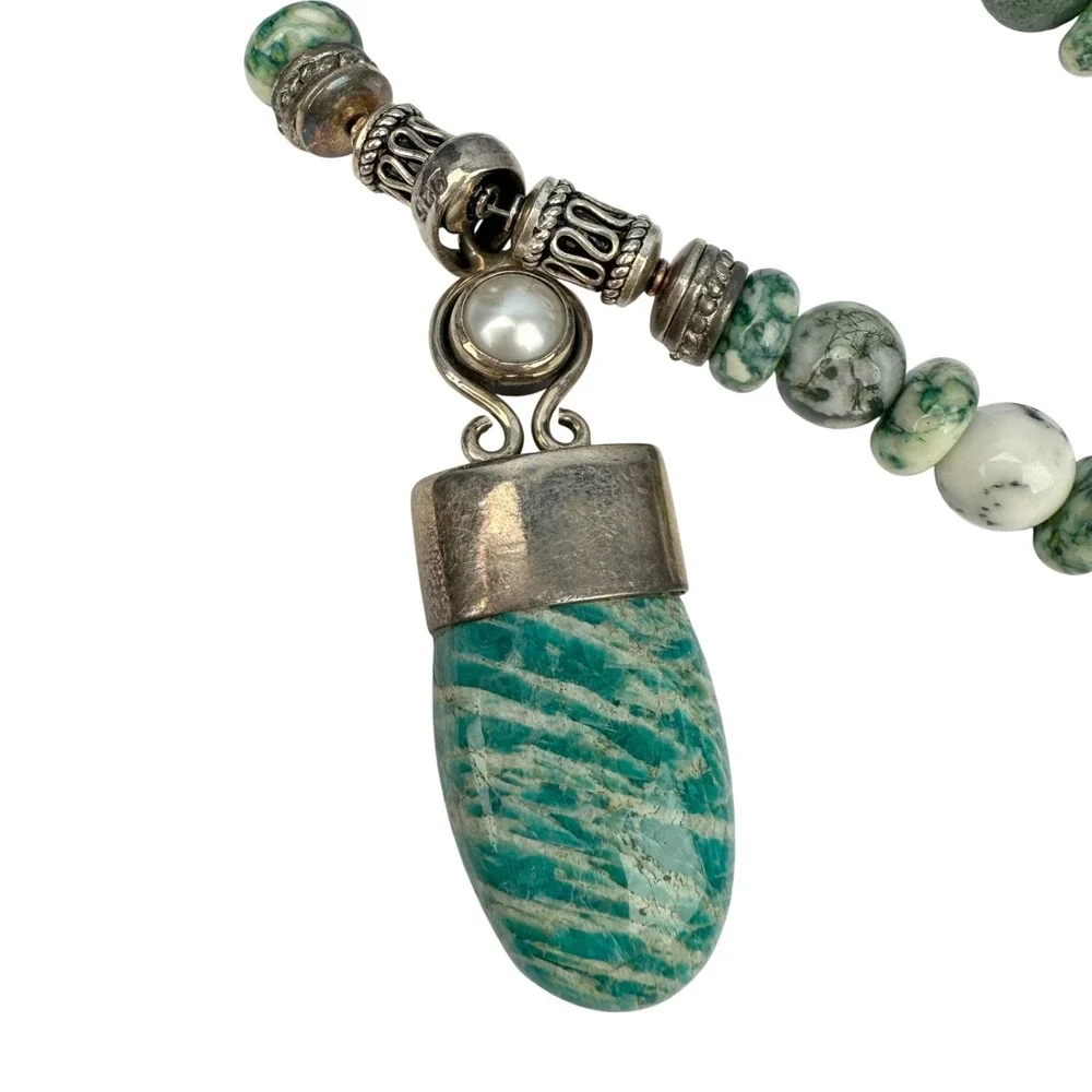 Artisan Sterling 925 Amazonite Pendant Tree Agate Necklace‎ Mother Pearl Set